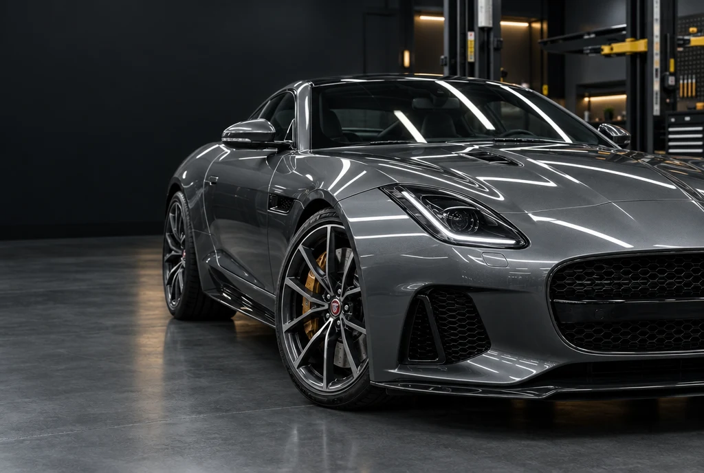 Sculpted bonnet and precision detailing of a grey Jaguar