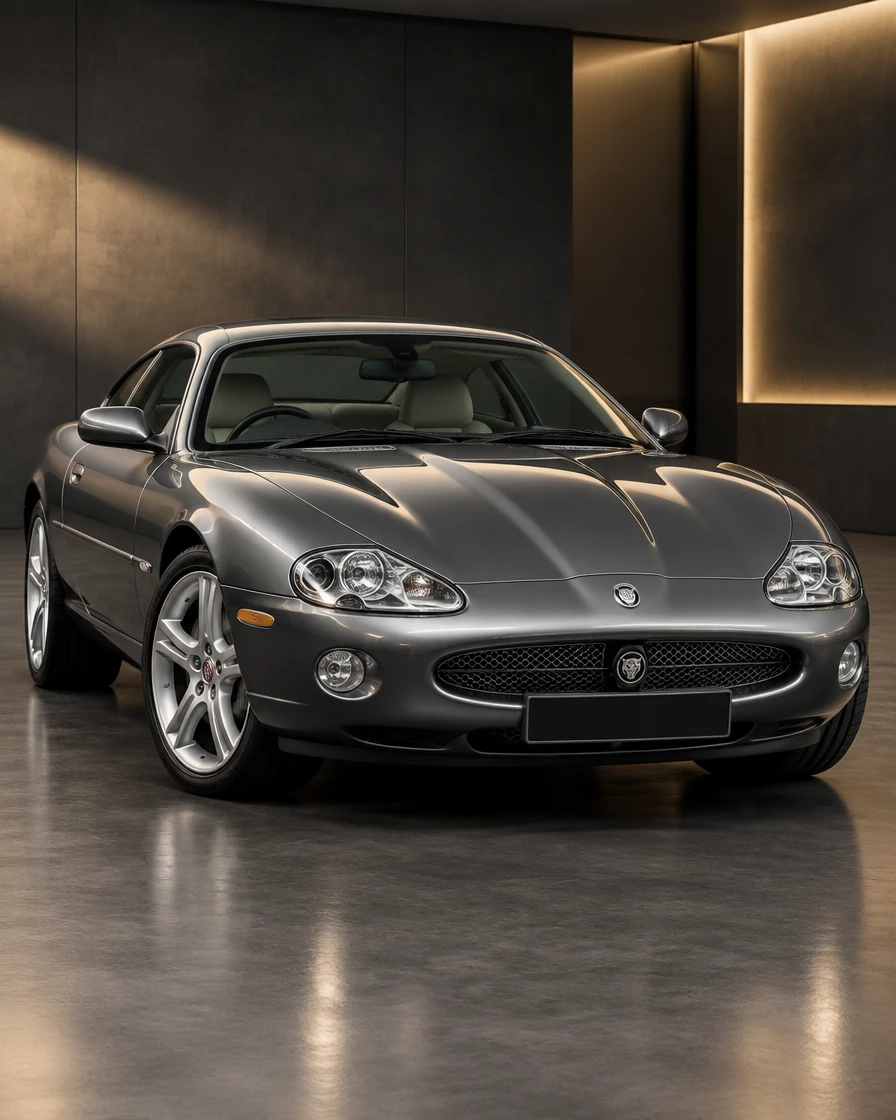 Graphite silver Jaguar XK8 V8 coupé in a contemporary workshop setting